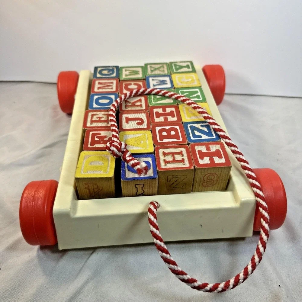 Vintage Playschool Wooden alphabet  Block Pull Wagon.  Great Collection Piece.